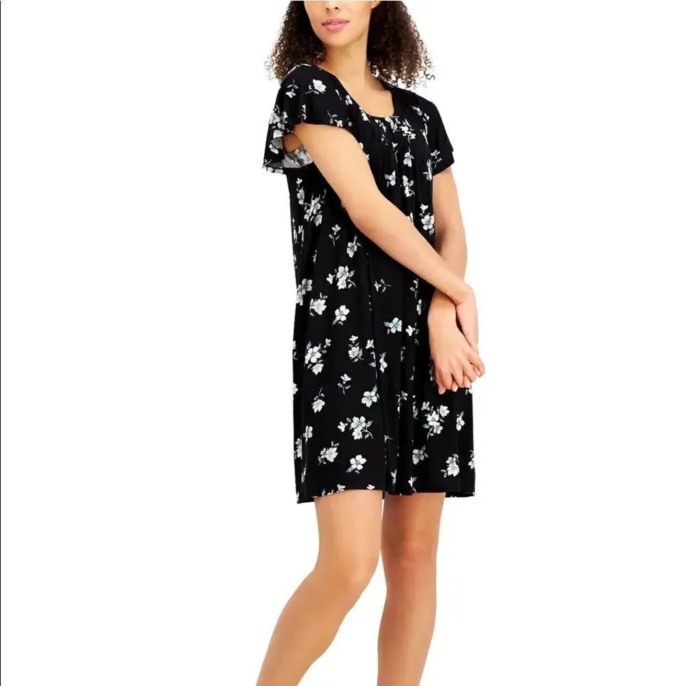 Charter Club Intimates Black Tossed Floral Printed Chemise Nightgown XS NWT